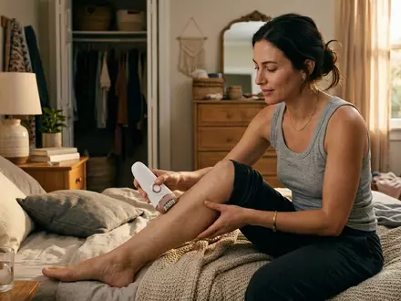 Fotorealistische Aufnahme von Epilierer im Schlafzimmer zum Thema Philips Satinelle Advanced Epilierer, warmes Abendlicht - Foto: THN