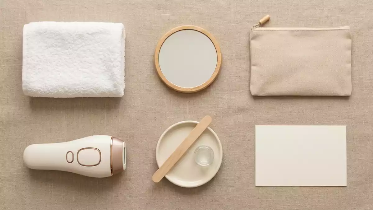 Flatlay-Arrangement rund um Haarentferner mit passenden Requisiten von oben, neutral