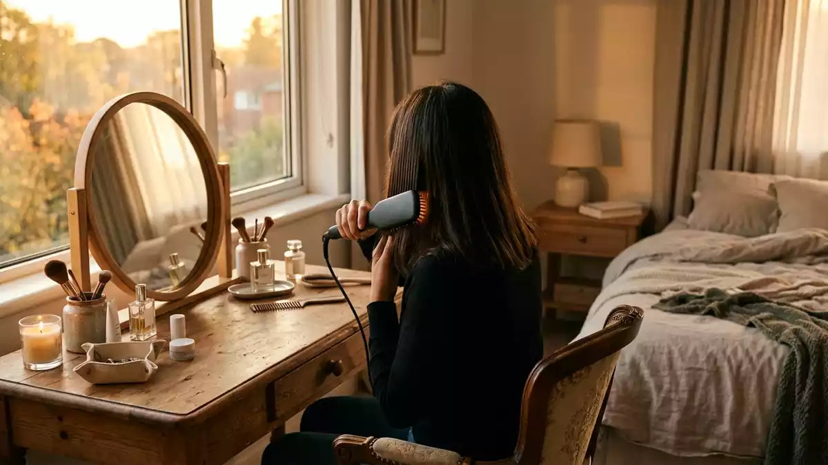 Fotorealistische Ansicht von Heissluftbuerste am Schminktisch in warmem Abendlicht
