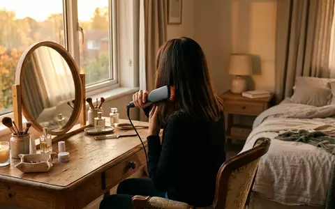 Fotorealistische Aufnahme von Heissluftbuerste am Schminktisch zum Thema Shark SmoothStyle Heated Brush, warmes Abendlicht - Foto: THN