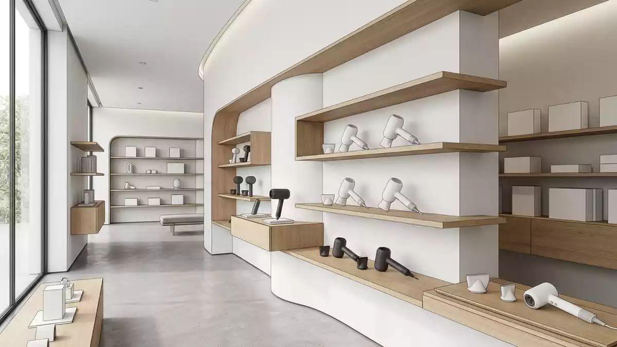Architektur-Render im Pflegegeraetegeschaeft mit Haartrockner im Ausstellungsbereich