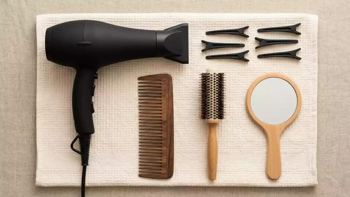Flatlay-Arrangement rund um Haartrockner mit passenden Requisiten von oben, neutral