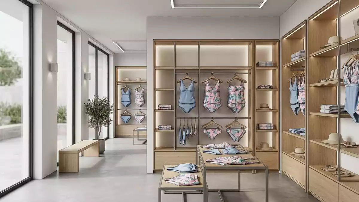 Architektur-Render im Bademodengeschaeft mit Tankini-Set im Ausstellungsbereich