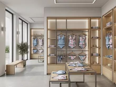 Architektur-Render im Bademodengeschaeft mit Tankini-Set zum Thema SHEKINI Mädchen Bikini 3-teilig, neutrales Tageslicht - Foto: THN