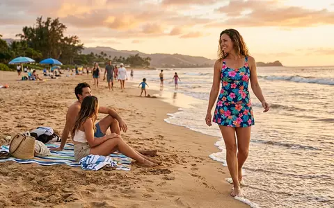 Fotorealistische Aufnahme von Tankini-Set am Strand zum Thema SHEKINI Mädchen Bikini 3-teilig, warmes Abendlicht - Foto: THN