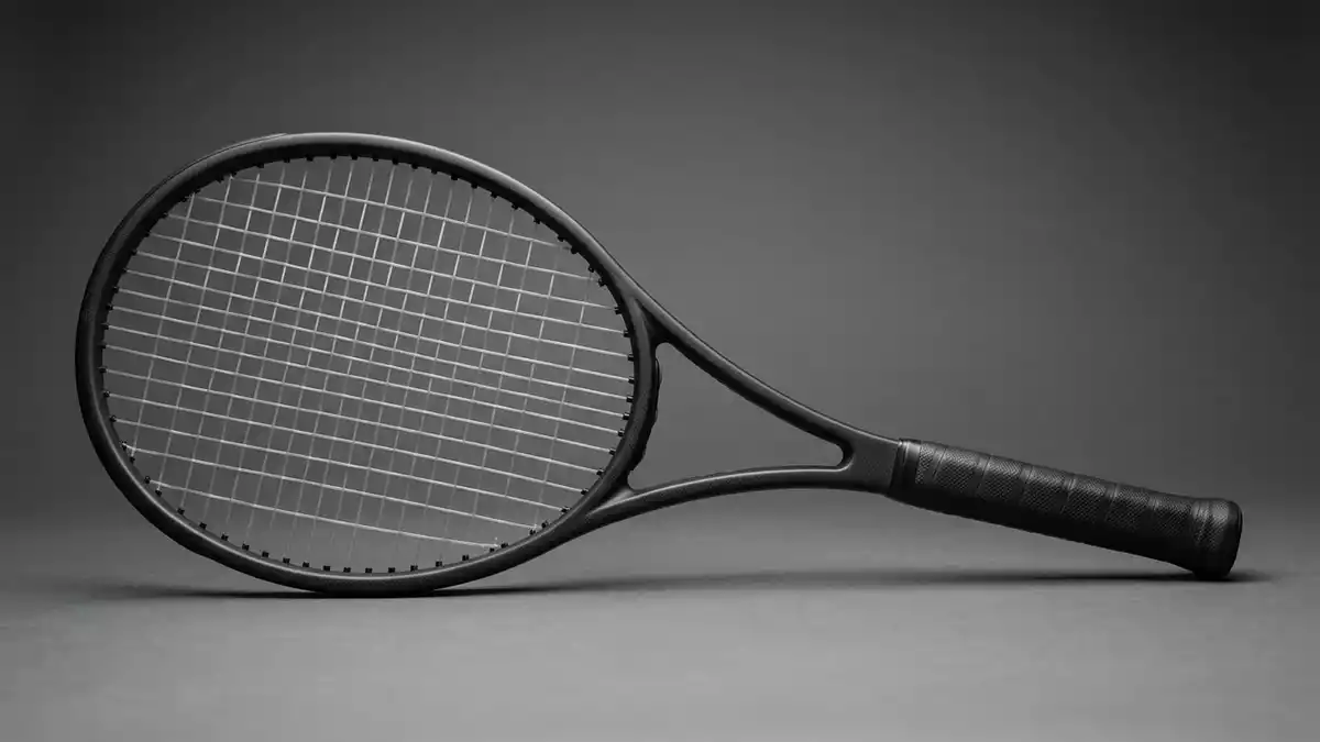 Fotorealistische Studioansicht von Tennisschlaeger in neutraler Produktdarstellung
