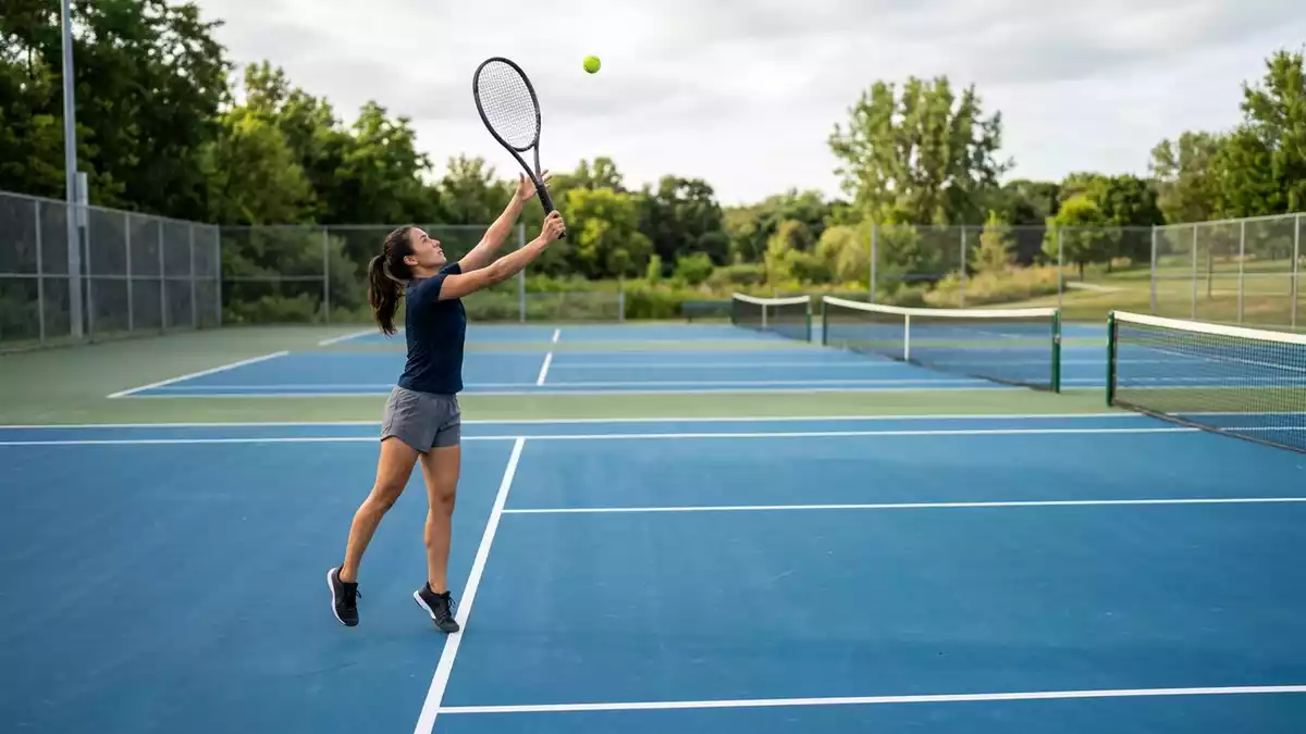 Fotorealistische Ansicht von Tennisschlaeger auf dem Tennisplatz in realer Umgebung