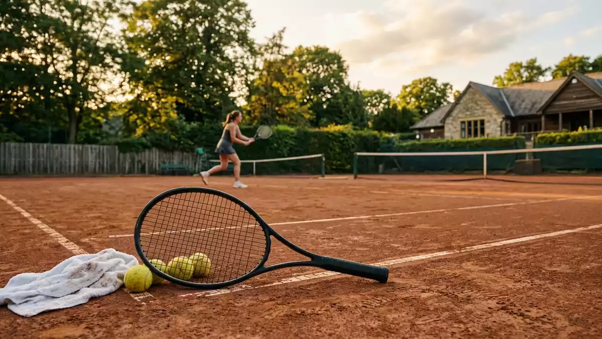 Fotorealistische Ansicht von Tennisschlaeger am Tennisplatz in warmem Abendlicht