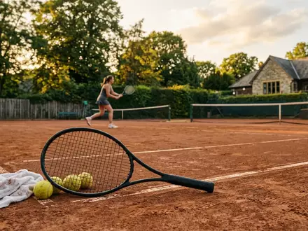 Fotorealistische Aufnahme von Tennisschlaeger am Tennisplatz zum Thema Wilson Blade 98 v9, warmes Abendlicht - Foto: THN