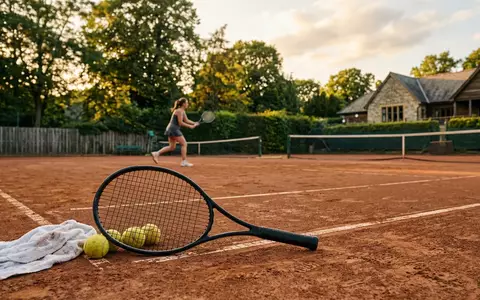 Fotorealistische Aufnahme von Tennisschlaeger am Tennisplatz zum Thema Wilson Blade 98 v9, warmes Abendlicht - Foto: THN