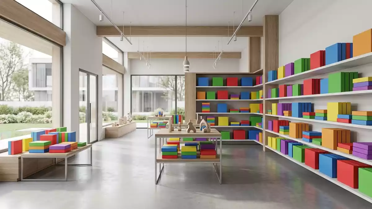 Architektur-Render im Spielwarengeschaeft mit Kinderbrettspiel im Ausstellungsbereich
