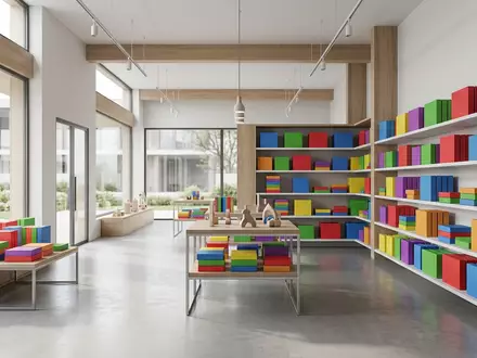 Architektur-Render im Spielwarengeschaeft mit Kinderbrettspiel zum Thema Winning Moves Trivial Pursuit, neutrales Tageslicht - Foto: THN