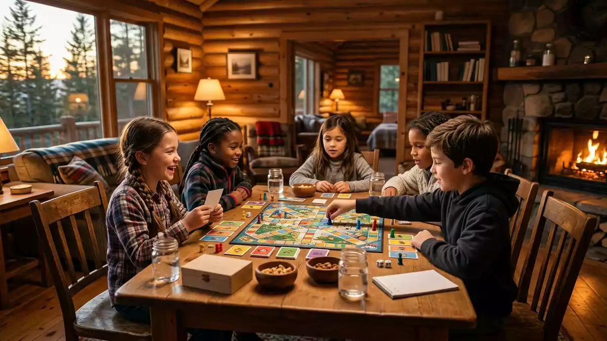 Fotorealistische Ansicht von Kinderbrettspiel in der Ferienhuette in warmem Abendlicht