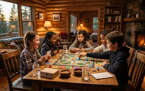 Fotorealistische Aufnahme von Kinderbrettspiel in der Ferienhuette zum Thema Winning Moves Trivial Pursuit, warmes Abendlicht - Foto: THN