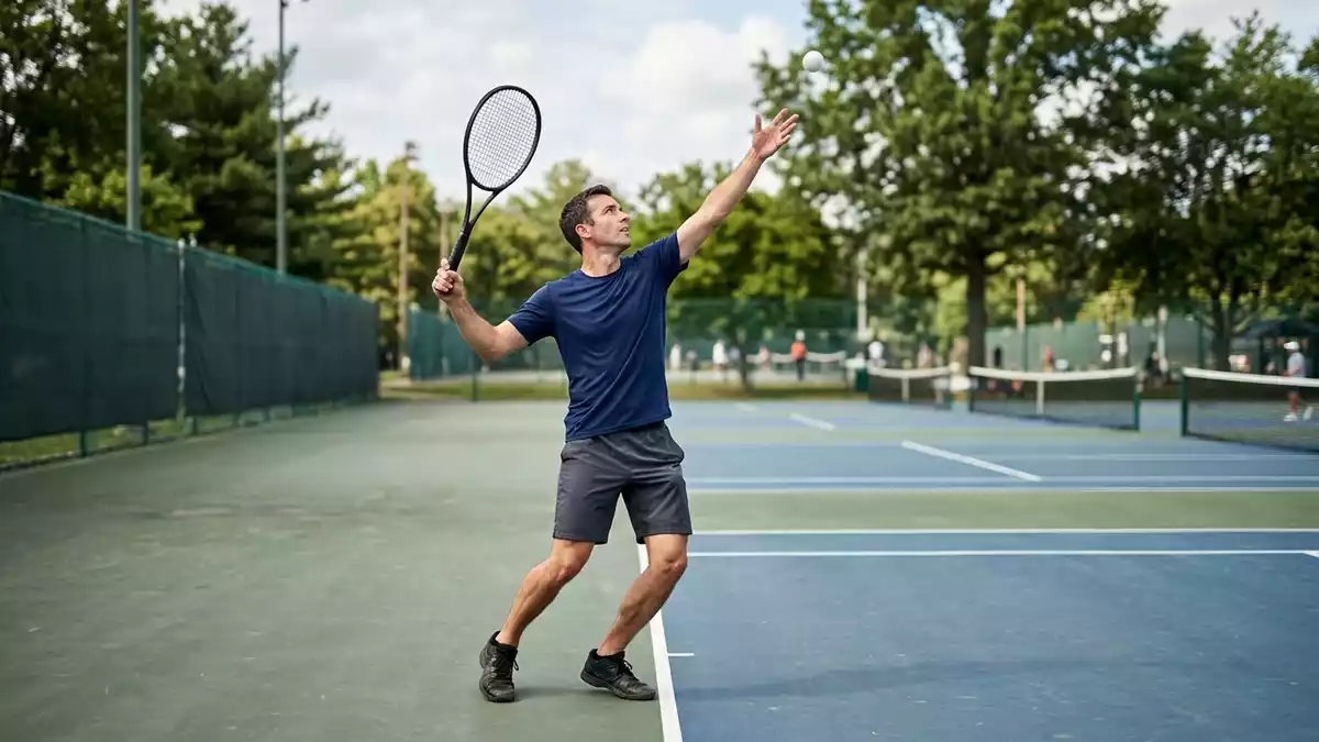 Fotorealistische Ansicht von Tennisschlaeger auf dem Tennisplatz in realer Umgebung