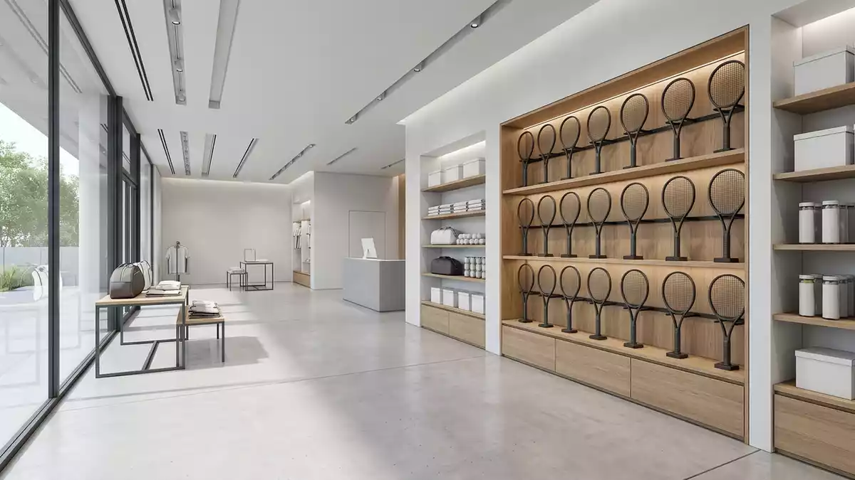 Architektur-Render im Tennisshop mit Tennisschlaeger im Ausstellungsbereich, neutral