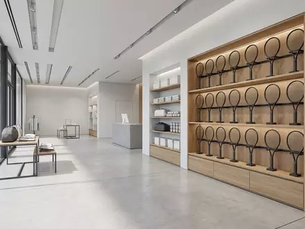 Architektur-Render im Tennisshop mit Tennisschlaeger zum Thema Wilson Pro Staff 97, neutrales Tageslicht - Foto: THN