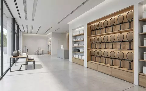 Architektur-Render im Tennisshop mit Tennisschlaeger zum Thema Wilson Pro Staff 97, neutrales Tageslicht - Foto: THN
