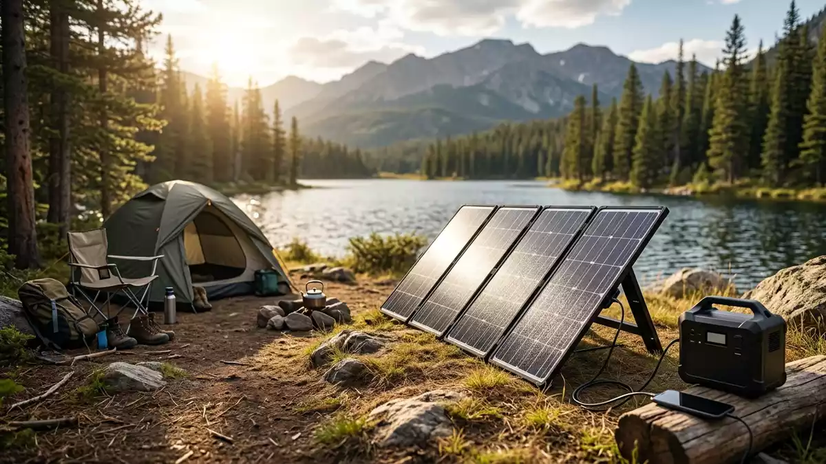 Fotorealistische Ansicht von Faltbares Solarpanel am Zeltplatz in realer Umgebung