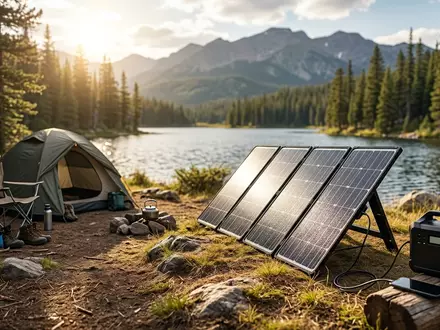 Fotorealistische Aufnahme von Faltbares Solarpanel am Zeltplatz zum Thema Jackery SolarSaga 200W Solarpanel, natuerliches Licht - Foto: THN