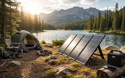 Fotorealistische Aufnahme von Faltbares Solarpanel am Zeltplatz zum Thema Jackery SolarSaga 200W Solarpanel, natuerliches Licht - Foto: THN