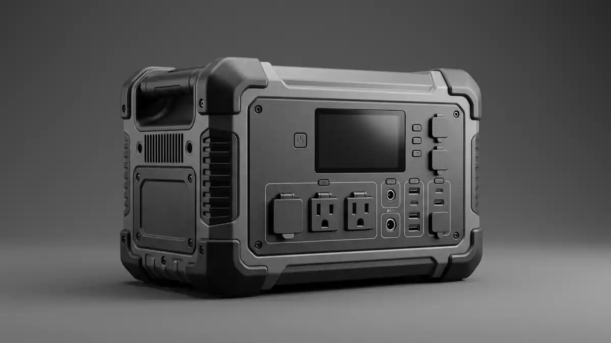 Fotorealistische Studioansicht von Tragbare Powerstation in neutraler Produktdarstellung