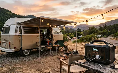 Fotorealistische Aufnahme von Tragbare Powerstation am Wohnmobil zum Thema Jackery Explorer 2000 Plus, warmes Abendlicht - Foto: THN