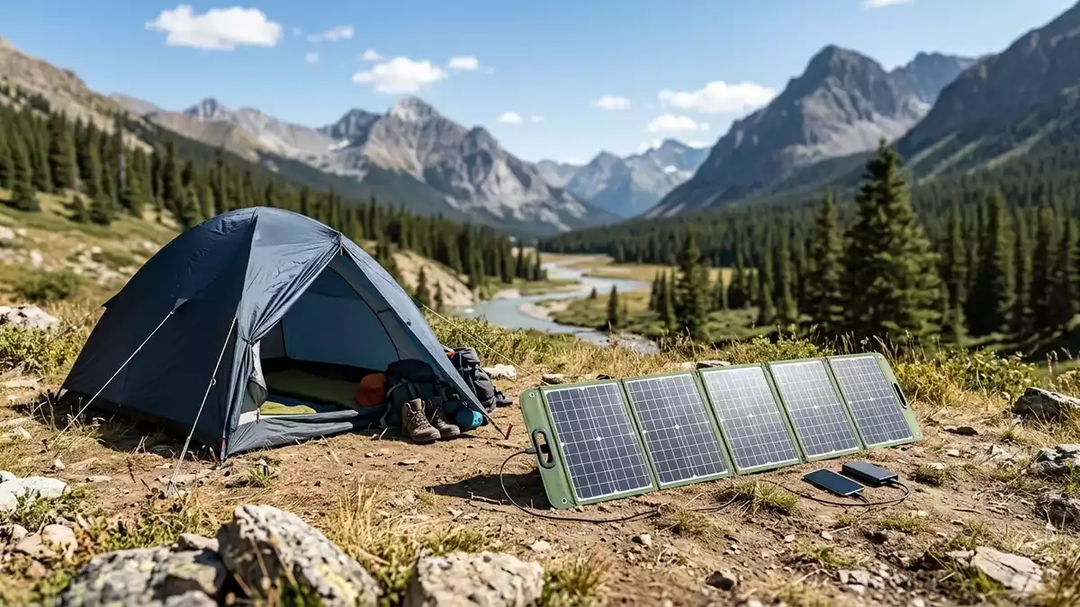 Fotorealistische Ansicht von Faltbares Solarpanel am Zeltplatz in realer Umgebung
