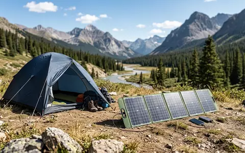 Fotorealistische Aufnahme von Faltbares Solarpanel am Zeltplatz zum Thema Jackery SolarSaga 100W Solarpanel, natuerliches Licht - Foto: THN