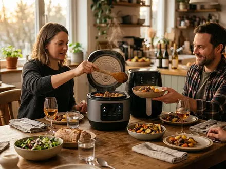 Fotorealistische Aufnahme von Kombikocher am Esstisch zum Thema Ninja Speedi Rapid Cooker, warmes Abendlicht - Foto: THN