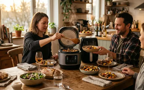 Fotorealistische Aufnahme von Kombikocher am Esstisch zum Thema Ninja Speedi Rapid Cooker, warmes Abendlicht - Foto: THN
