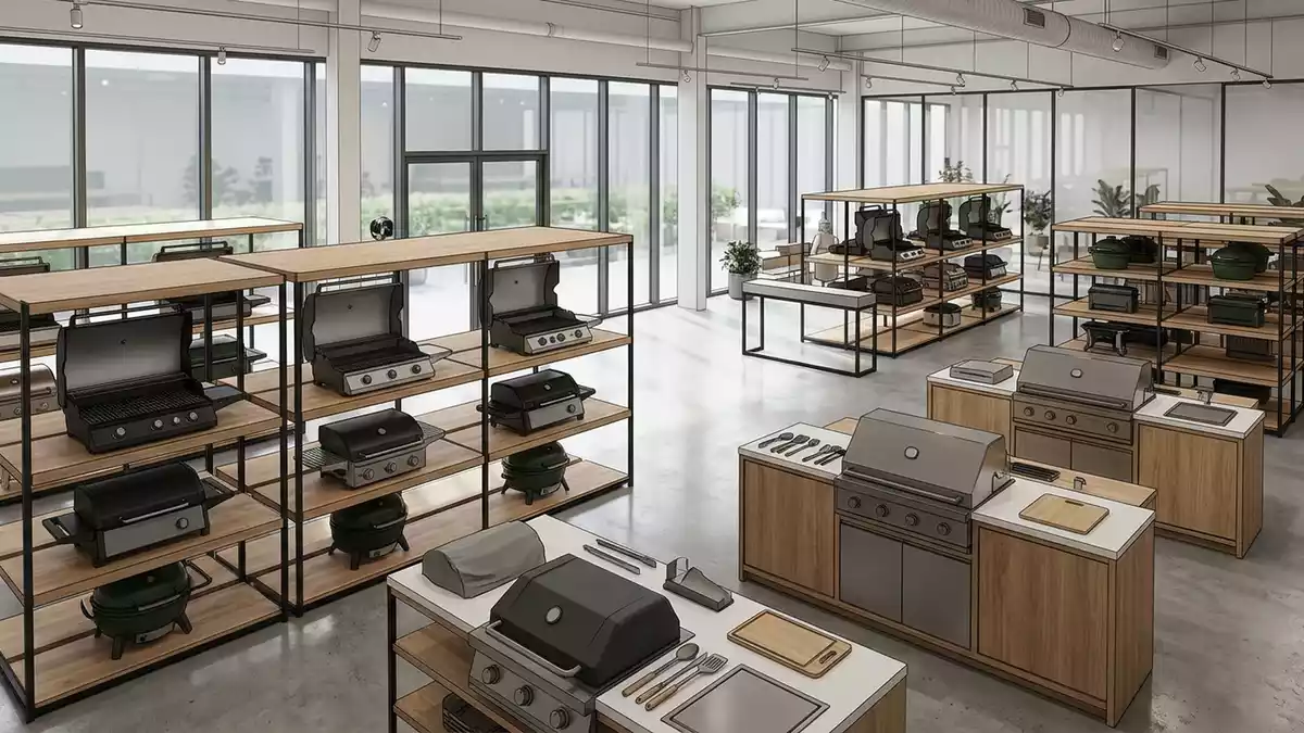 Architektur-Render im Grillfachgeschaeft mit Aussengrill im Ausstellungsbereich