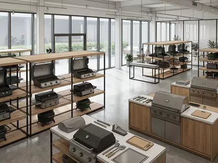 Architektur-Render im Grillfachgeschaeft mit Aussengrill zum Thema Ninja Woodfire Outdoor Grill, neutrales Tageslicht - Foto: THN