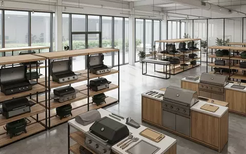 Architektur-Render im Grillfachgeschaeft mit Aussengrill zum Thema Ninja Woodfire Outdoor Grill, neutrales Tageslicht - Foto: THN