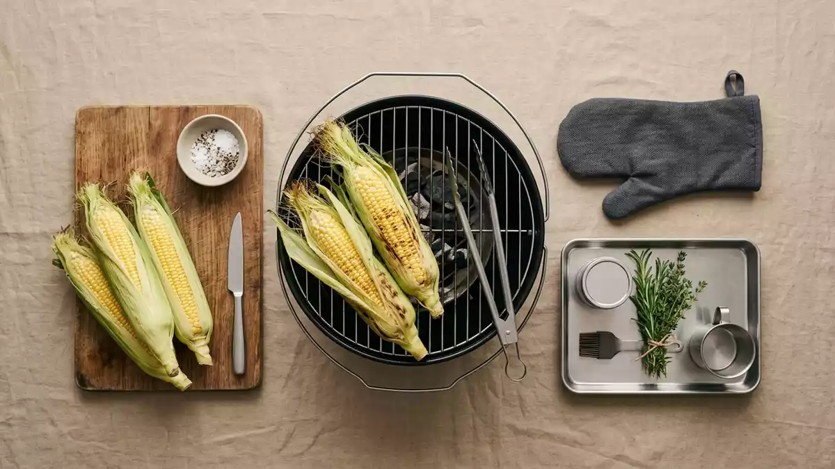 Flatlay-Arrangement rund um Aussengrill mit passenden Requisiten von oben, neutral