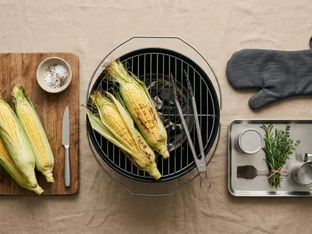 Flatlay-Arrangement rund um Aussengrill zum Thema Ninja Woodfire Outdoor Grill, weiches Oberlicht - Foto: THN