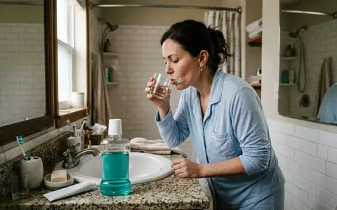 Fotorealistische Aufnahme von Mundspuelung im Badezimmer zum Thema Listerine Total Care Mundspülung, natuerliches Licht - Foto: THN
