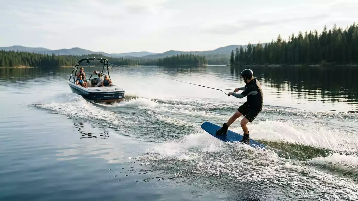 Fotorealistische Ansicht von Wakeboard-Set auf dem See in realer Umgebung, neutral