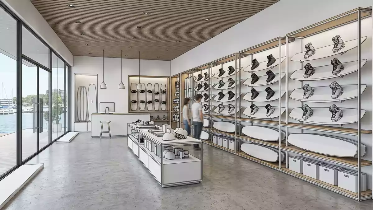 Architektur-Render im Wassersportladen mit Wakeboard-Set im Ausstellungsbereich