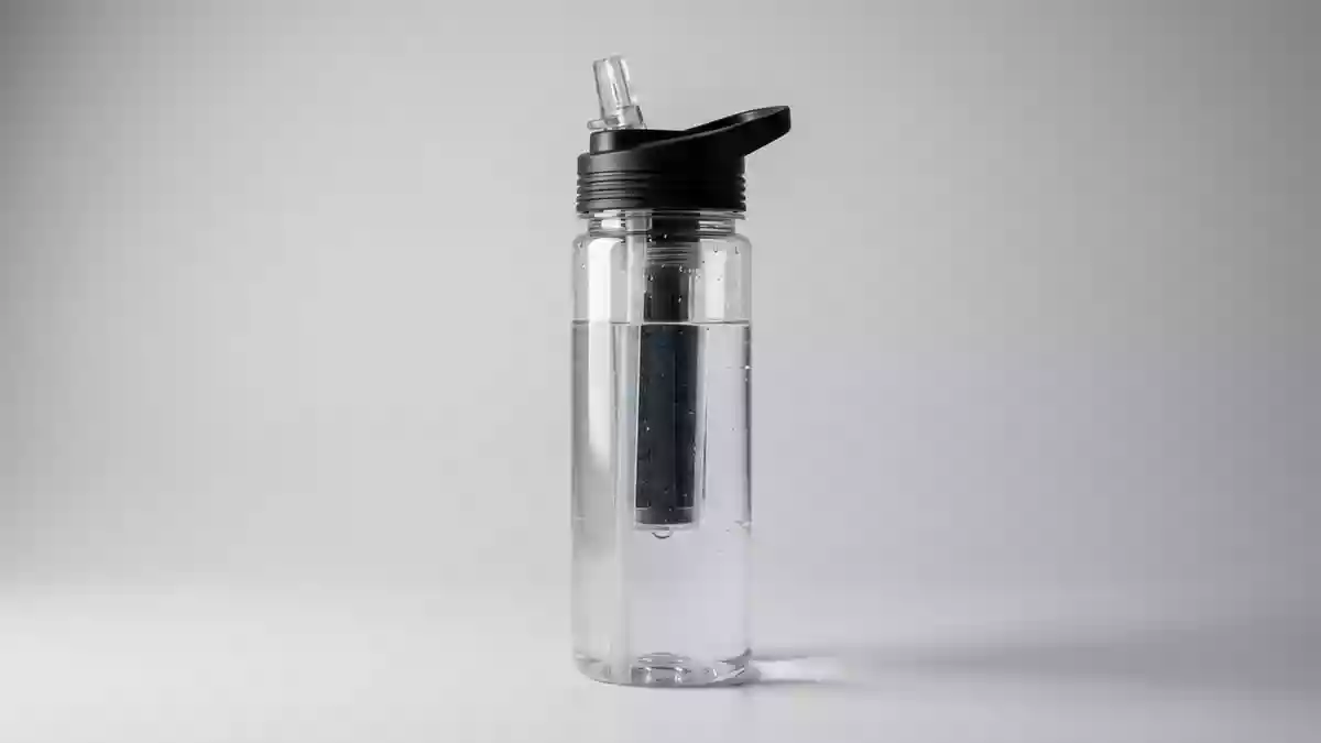 Fotorealistische Studioansicht von Filterflasche in neutraler Produktdarstellung