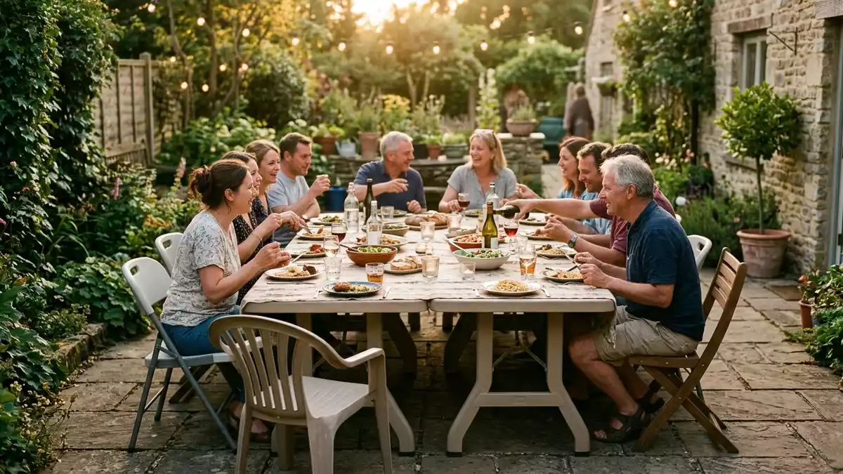 Fotorealistische Ansicht von Klapptisch auf der Terrasse in warmem Abendlicht, neutral