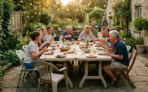 Fotorealistische Aufnahme von Klapptisch auf der Terrasse zum Thema Lifetime Gartentisch Falttisch Kunststoff, warmes Abendlicht - Foto: THN