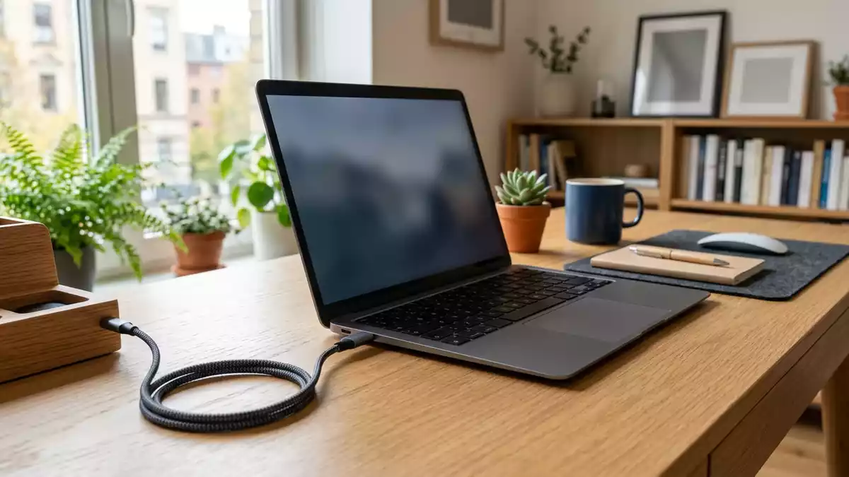 Fotorealistische Ansicht von USB C Kabel am Schreibtisch in realer Umgebung, neutral