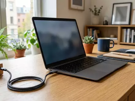 Fotorealistische Aufnahme von USB C Kabel am Schreibtisch zum Thema Choetech USB-C auf USB-C - Foto: THN