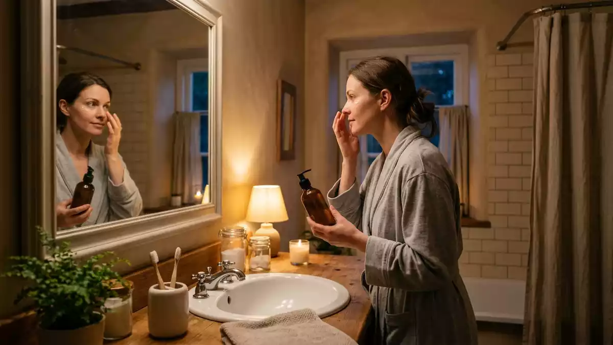 Fotorealistische Ansicht von Augenserum im Badezimmer in warmem Abendlicht, neutral