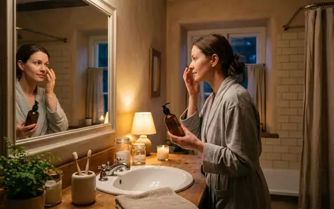 Fotorealistische Aufnahme von Augenserum im Badezimmer zum Thema Clarins Double Serum Eye, warmes Abendlicht - Foto: THN