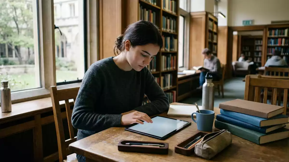 Fotorealistische Ansicht von Tablet in der Bibliothek in realer Umgebung, neutral