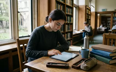 Fotorealistische Aufnahme von Tablet in der Bibliothek zum Thema Apple iPad 10. Generation, natuerliches Licht - Foto: THN