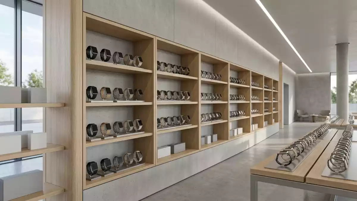 Architektur-Render im Technikfachgeschaeft mit Smartwatch im Ausstellungsbereich
