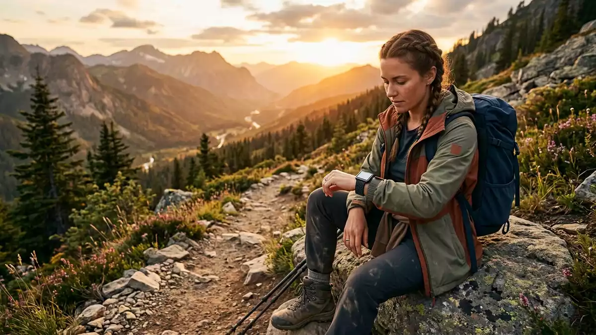 Fotorealistische Ansicht von Smartwatch beim Wandern in warmem Abendlicht, neutral